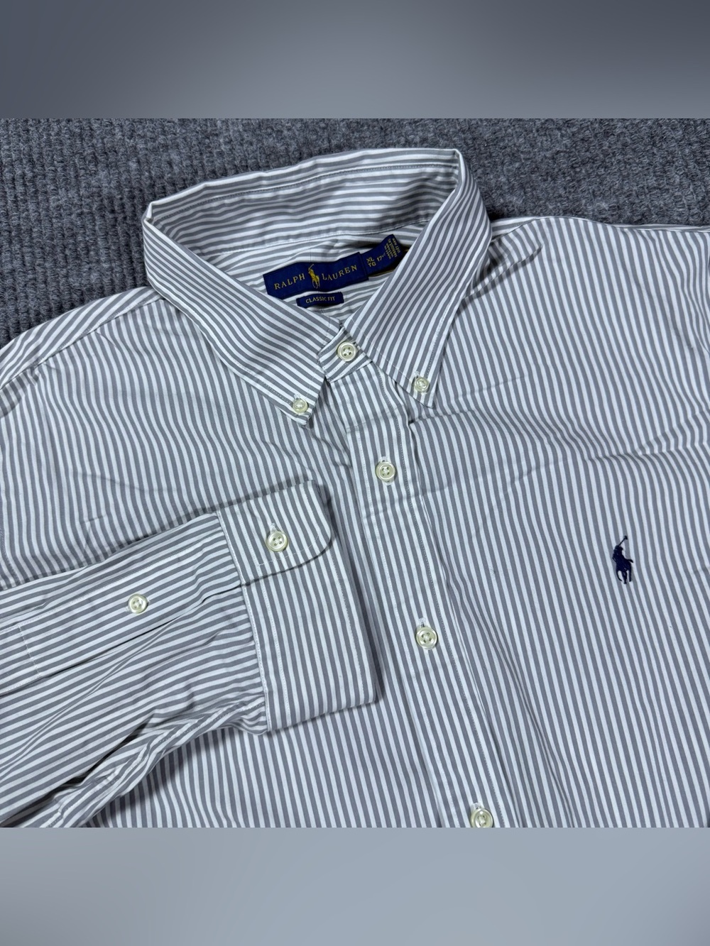Ralph Lauren Shirt Button Down Classic Fit XL 17.5 Gray White Stripe Long Sleeve